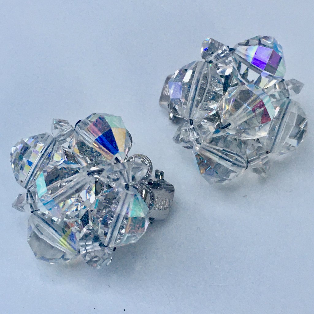 Vintage Signed Laguna Aurora Borealis Ab Crystal Clip Earrings